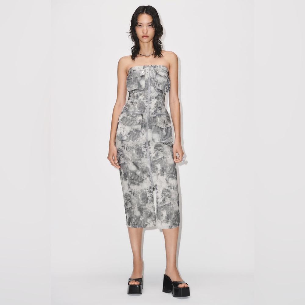 Zara Women’s Dress Printed Cargo Strapless Zip Front Size S New